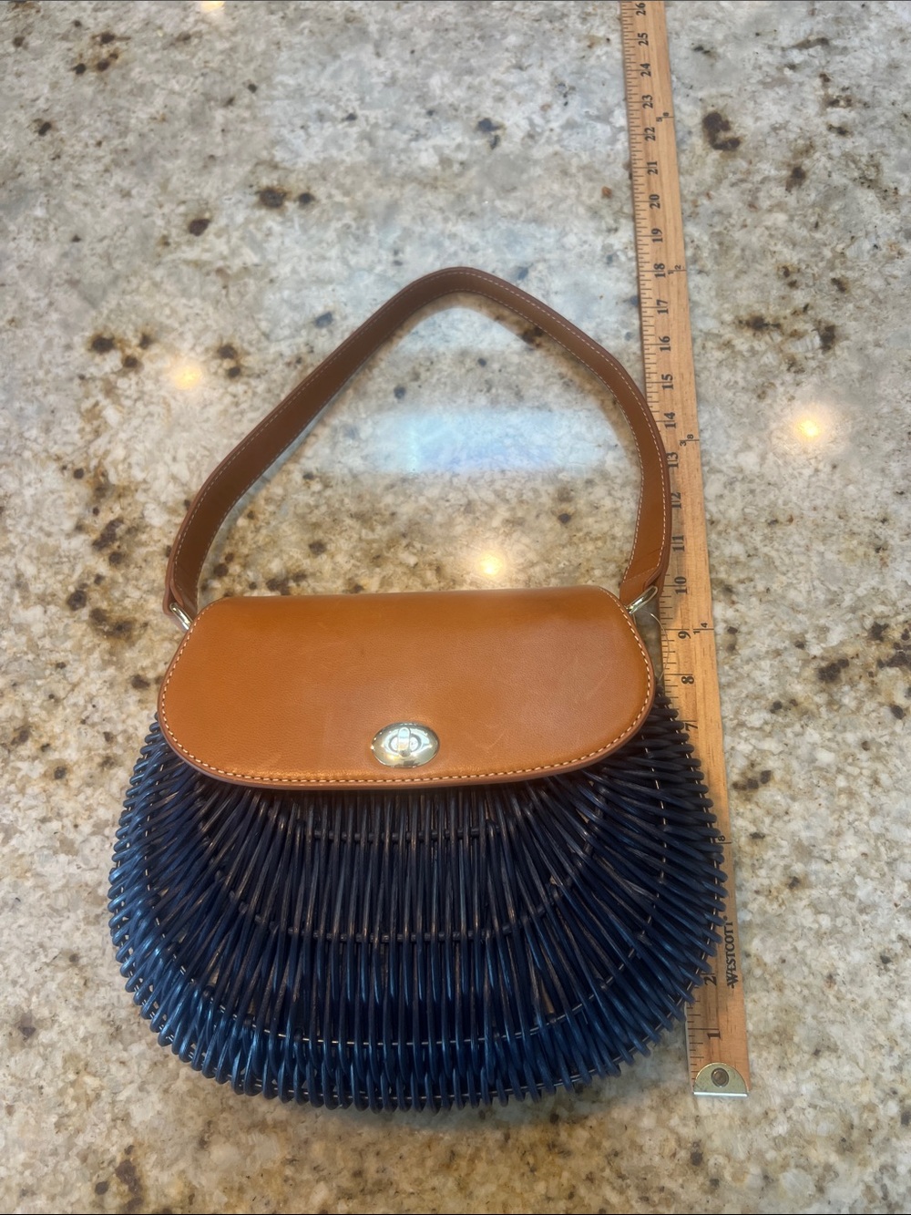 BEAUTIFUL  J. McLaughlin NAVY Wicker Shoulder Bag w brown leather strap - Picture 9 of 11